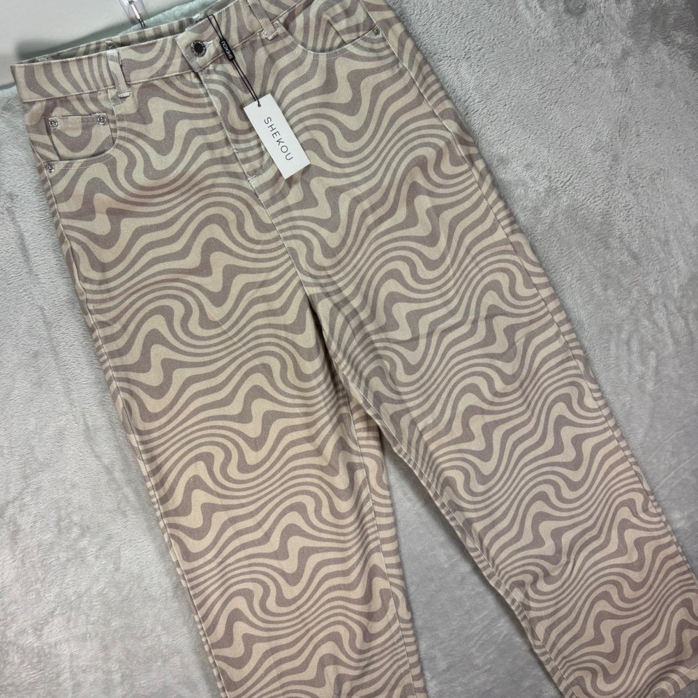 Shekou Women's Beige Wave Print High Rise Straight Leg Jeans Size 2X Y2K NWT 32"